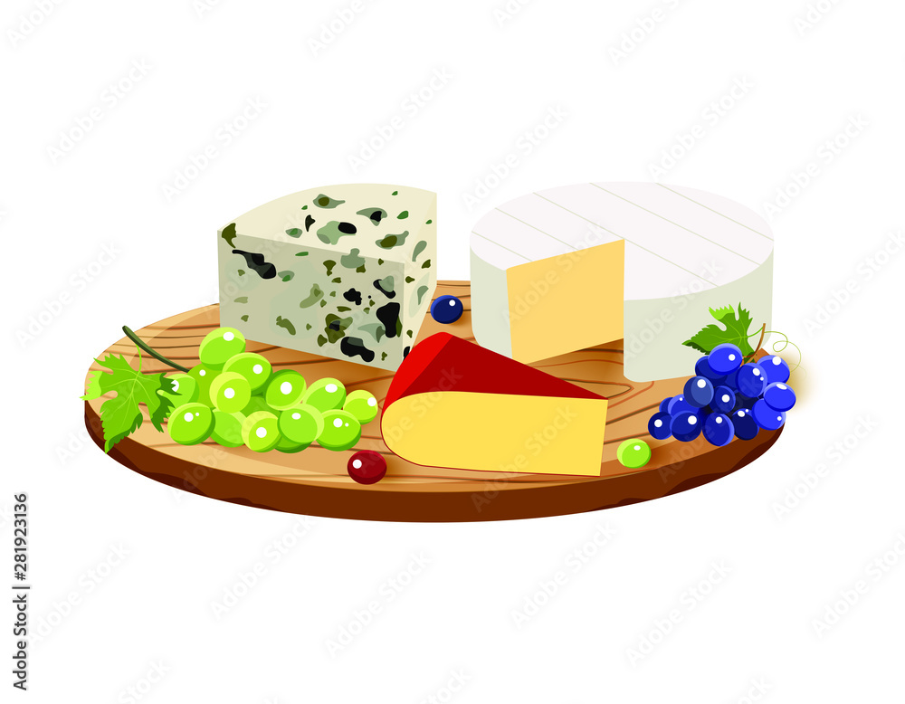Various types of cheese with sheeses and grape on rustic wooden board ...