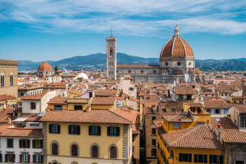 Florence city skyline, Italy. Aerial cityscape view to Santa Maria del Fiore cathedral (Basilica of Saint Mary of the Flower) in the day