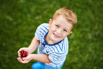 Happy 3 year old boy having fun holding little strawberries