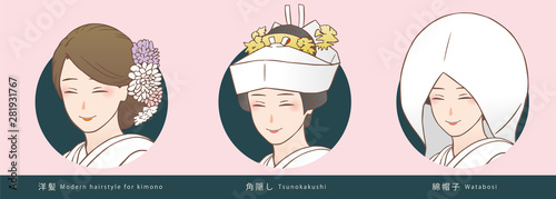 和装結婚式の花嫁の頭飾り 洋髪 角隠し 綿帽子 Stock Vektorgrafik Adobe Stock