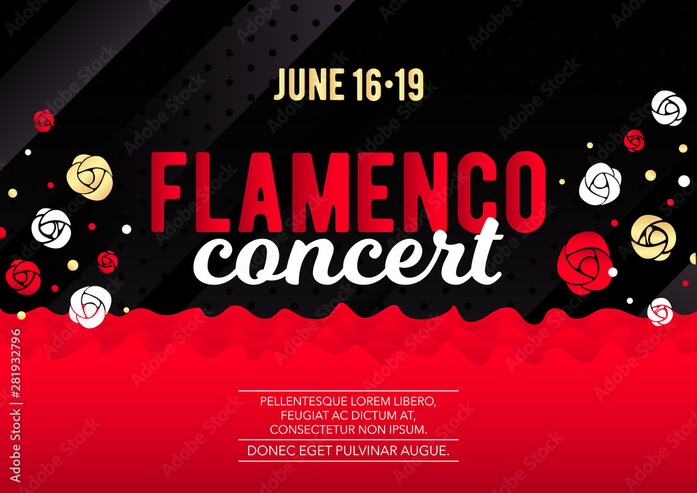 Horizontal flamenco contrast template with dark background, color graphic elements and text.  - obrazy, fototapety, plakaty 