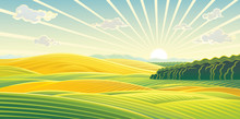 Panoramic Rural Landscape, Sunrise Over Fields And Hills