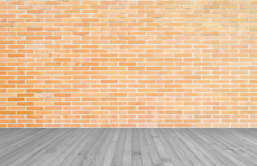 Poster - Orange-brown brick wall with wood floor in grey color background of interior decoration