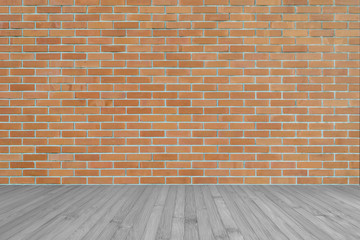 Wall Mural - Dark orange brown brick wall texture background with wooden floor in grey