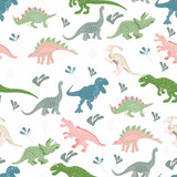 Fototapeta Dinusie - Blue, pink and green dinosaurs seamless  pattern