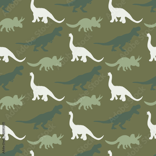 Leinwand Poster  Light green dinosaurs silhouette seamless pattern on dark green colour backgroun