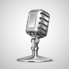 Realistic retro microphone. 3D vintage professionals metal mic on holder, classic record equipment isolated on white background. Vector studio broadcast for radio show