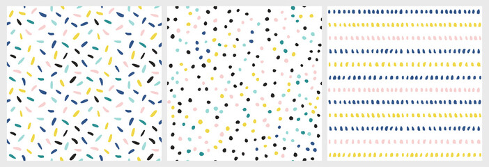 Confetti vector pattern set. Collection of abstract festive seamless background with colorful sprinkles and dots.