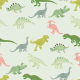 Fototapeta Dinusie - Green dinosaurs seamless pattern on light green background