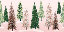 Snowy Winter Trees Repeating Banner. Beautiful Textured Pine, Spruce And Fir Tree Glade With Soft Pink Morning Light On Freshly Fallen Snow. Beautiful As A Christmas Border Or Decorative Ribbon.