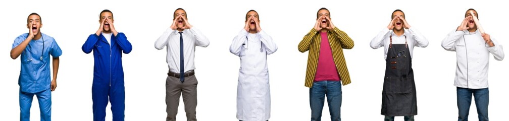 Wall Mural - Set of doctor, barber and businessman shouting and announcing something