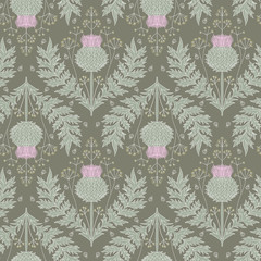 Cardoon thistle and dill flower seamless repeat vector pattern swatch.  Botanical Damask.  Faded flat colors.