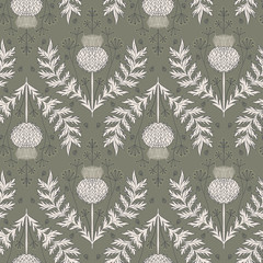 Cardoon thistle and dill flower seamless repeat vector pattern swatch.  Botanical Damask.  Faded flat colors.