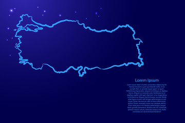 Fototapete - Turkey map from the contour blue brush lines different thickness and glowing stars on dark background. Vector illustration.