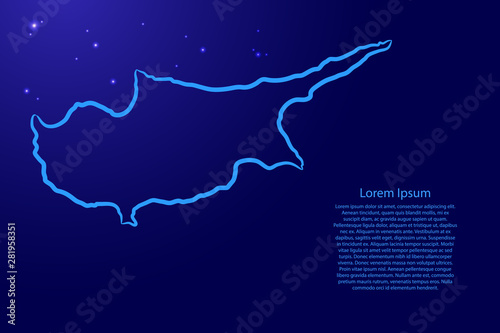Fotografía Cyprus map from the contour blue brush lines different thickness and glowing stars on dark background