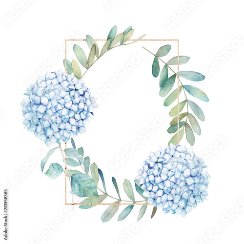 Watercolor floral card with eucalyptus branch and hydrangea. Hand drawn summe...