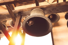 Vintage Church Bell Under Tower Old Christian Church In Thailand.