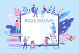 Fototapeta Boho - Book festival concept with small characters people reading books.