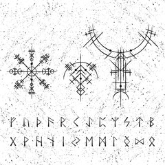 Black abstract viking magic symbols isolated on white grunge background