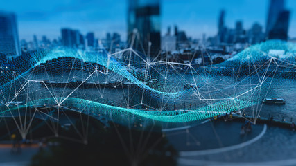 Fototapete - Wireless network and Connection technology concept covering on Abstract building city.