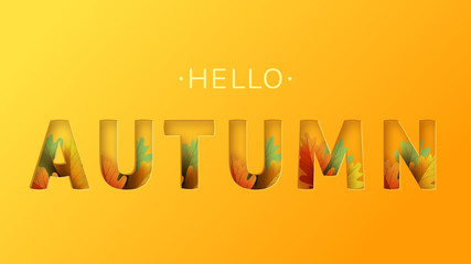 Wall Mural - Autumn text greeting in banner design with colorful leaves on orange background. 3D text with stamping.Vector illustration