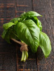 Wall Mural - Fresh Green Basil Leaves on a Wooden Table