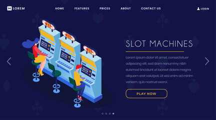 Casino slot machines isometric landing page. Gamblers playing one arm bandit, lucky seven 3d color characters. Gambling, modern addictive entertainment, leisure and pastime website homepage