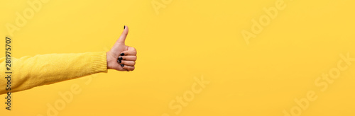 Fotografía thumb up, like sign over trend yellow background, panoramic image