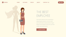Best Employee Flat Landing Page Vector Template. Super Specialist, Worker, Manager Victory Website, Webpage. Businesswoman Leadership, Confident Professional With Superhero Shadow Cartoon Character