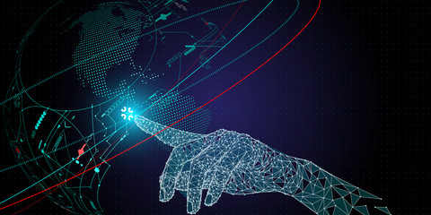 Poster - Low polygon Hand touching Telecommunication network and wireless mobile internet technology  with 5G LTE data connection of global business, fintech, blockchain.