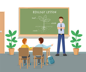 Biology lesson flat vector illustration. Young male teacher explaining plant structure at chalkboard. Cartoon schoolboys, schoolmates sitting at desks studying leaf, stalk, root plant elements