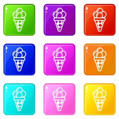 Wall Mural - Balls of ice cream in cone icons set 9 color collection isolated on white for any design