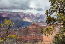 Grand Canyon, Arizona, USA. Overlook Of The Red Rocks, Cloudy Sky Background