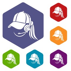 Poster - Woman consultant in headphones icon in simple style isolated on white background. Service symbol