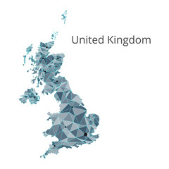 Poster - United Kingdom communication network map. Vector low poly image of a global map with lights in the form of cities or population density consisting of points and shapes and space. Easy to edit