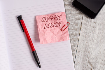 Fototapete - Conceptual hand writing showing Graphic Design. Concept meaning art or skill of combining text and pictures in advertisements Wrinkle paper notebook and stationary placed on wooden background