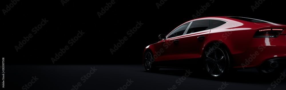 Red sports car on elegant dark background. - obrazy, fototapety, plakaty 
