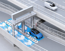 Blue SUV Passing Through Toll Gate Without Stop By ETC (Electronic Toll Collection System). 3D Rendering Image.