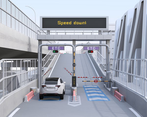 White SUV passing through toll gate without stop by ETC (Electronic Toll Collection System). 3D rendering image.