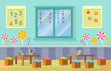 Kindergarten Classroom Interior Children Kids School Toys Furniture Vector Illustration