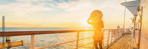 Cuadros en Lienzo Cruise ship luxury vacation travel elegant woman watching sunset over Caribbean sea on deck boat summer tourist destination panoramic banner