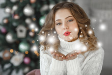 Close Up Portrait Of Young Beautiful Woman On Christmas Background