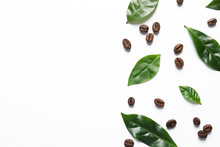Fresh Green Coffee Leaves And Beans On White Background, Top View