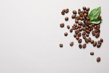 Poster - Fresh green coffee leaves and beans on light background, flat lay. Space for text