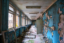 School Premise In The City Of Pripyat In Ukraine. Emptiness. Dampness. Exclusion Zone. Nuclear Danger. Ghost City Pripyat. Lost Place. Ukraine. CCCP. Chernobyl Zone.