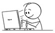 © Zdenek Sasek - Vector cartoon stick figure drawing conceptual illustration of smiling writer, man or businessman typing or working on computer.