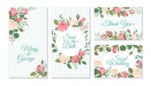 Wedding Card With Roses. Weddings Floral Invitation Cards With Red And Pink Roses And Green Leaves. Vector Party Flyers Template