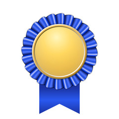 Wall Mural - Award ribbon gold icon. Golden blue medal design isolated on white background. Symbol of winner celebration, best champion achievement, success trophy seal. Blank rosette element. Vector illustration