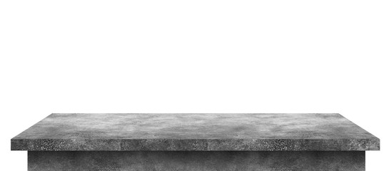 Poster - Empty cement table with stone pattern isolated on pure white background. Concrete desk and shelf display board with perspective floor. ( Clipping path )