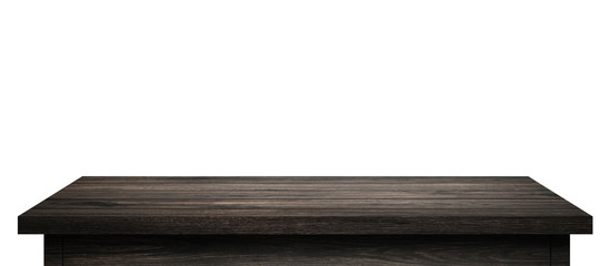 Poster - Empty Wood table with black wood planks isolated on pure white background. Wooden desk and black shelf display board with perspective floor. ( Clipping path )
